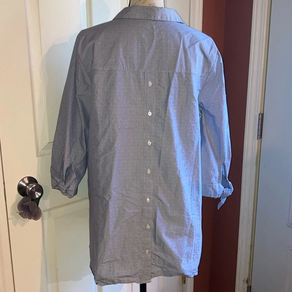 Roz & Ali Swiss Dot Casual Button Down Collared 3/4 Sleeve Top Blue White Large - Picture 4 of 8
